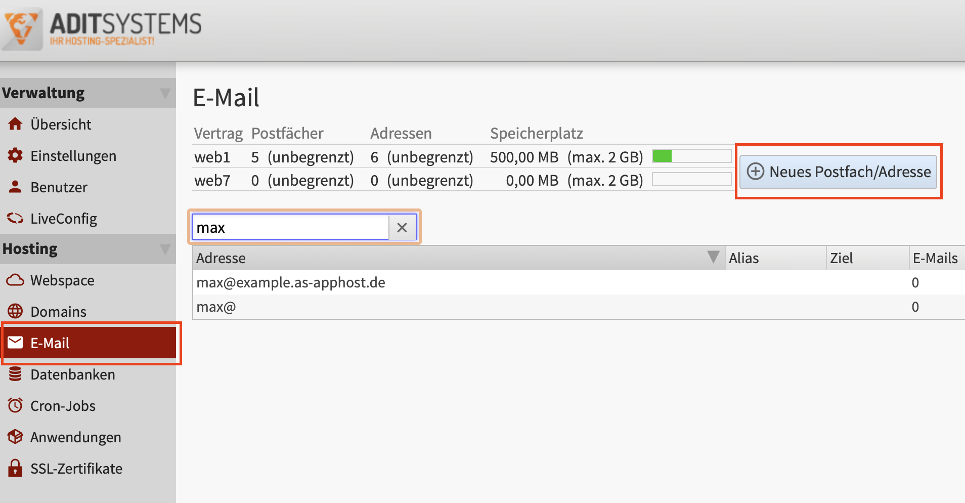 in Liveconfig auf den Menüpunkt E-Mail wechseln und den Button neues Postfach/Adresse klicken