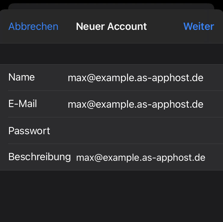 E-Mail-Account unter iOS einrichten und die ersten Angaben tätigen: Name, E-Mail-Adresse, Passwort und Beschreibung.
