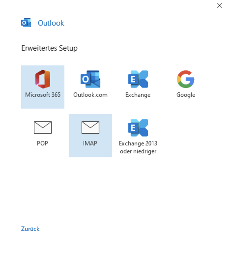 Outlook 2019 Konto hinzufügen. Wählen Sie nun als Kontotyp IMAP aus
