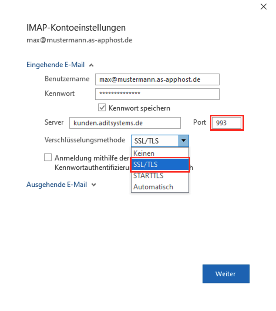 Outlook Verschluesselung TLS einstellen - Eingehende E-Mail auf Port 993 und Verschlüsselungsmethode auf TLS