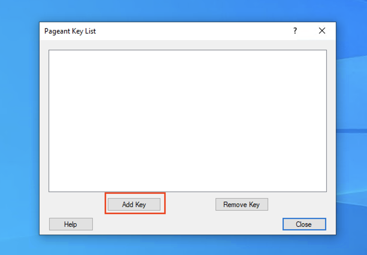 Auf Add Key klicken und die .ppk-Datei Ihres privaten Schlüssels auswählen